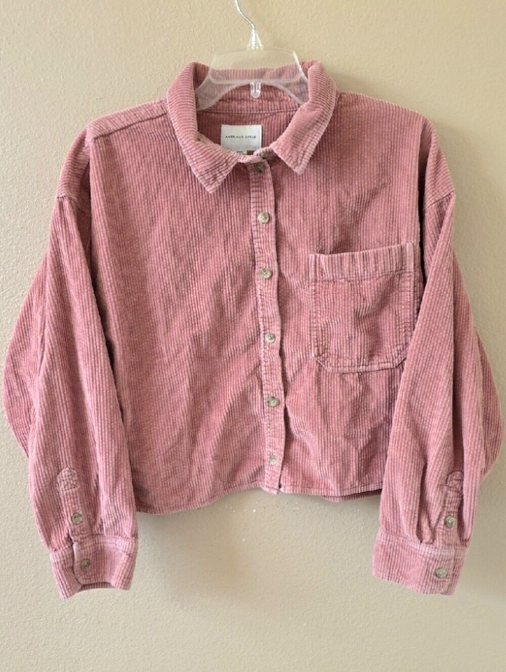 American Eagle Womens Pink Corduroy Cropped Shacket Outdoor Casual - Size Medium